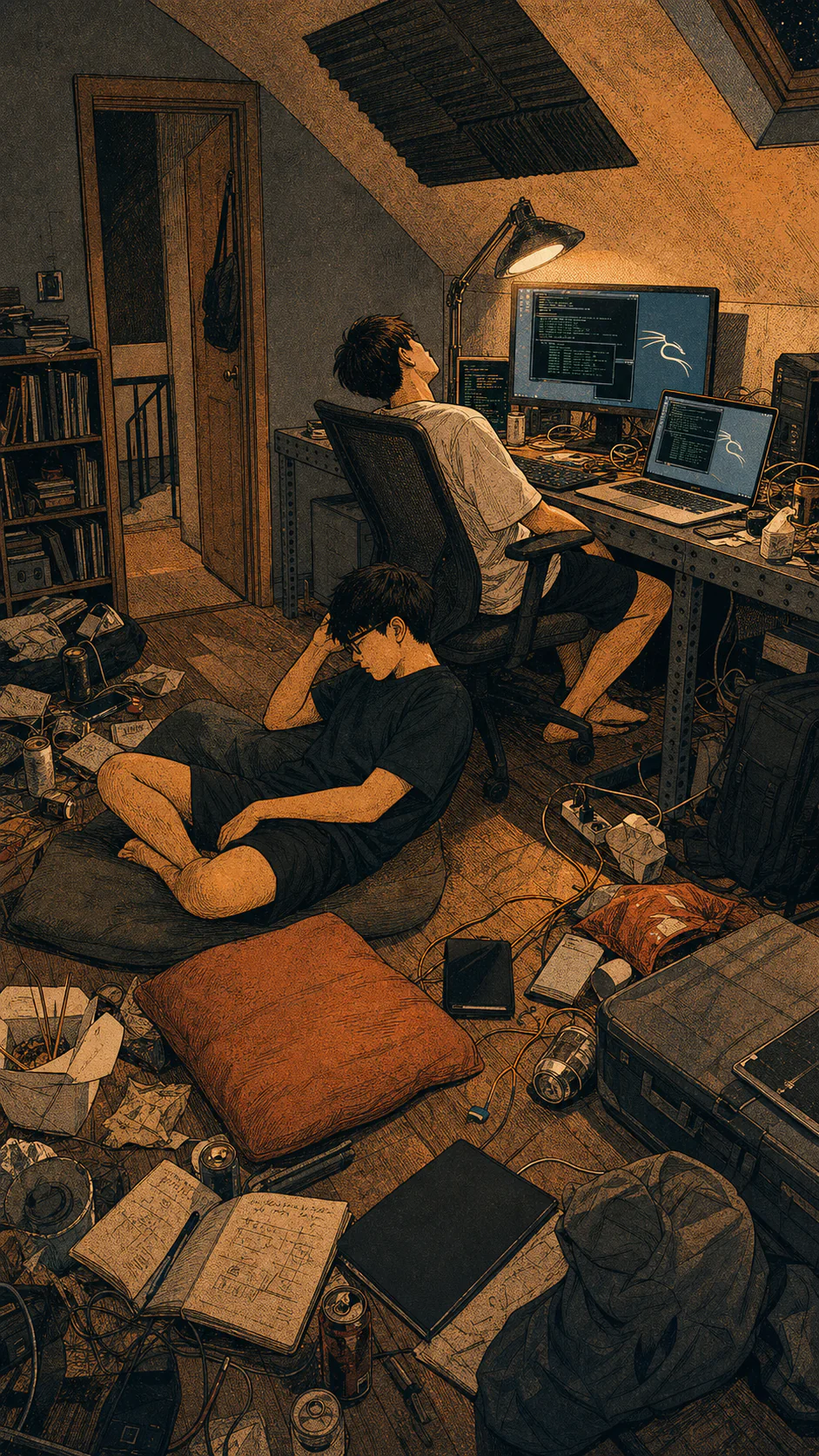 Two exhausted 0xBURGER teammates resting in a messy midnight workspace with Kali Linux terminals open.
